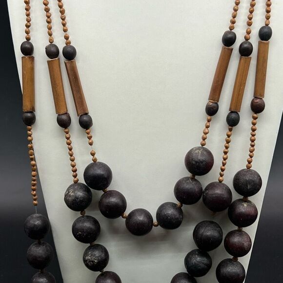 Chunky Boho Wood Necklace Brown Bead Disk Round Beads VTG Southwest Classic - Picture 3 of 6